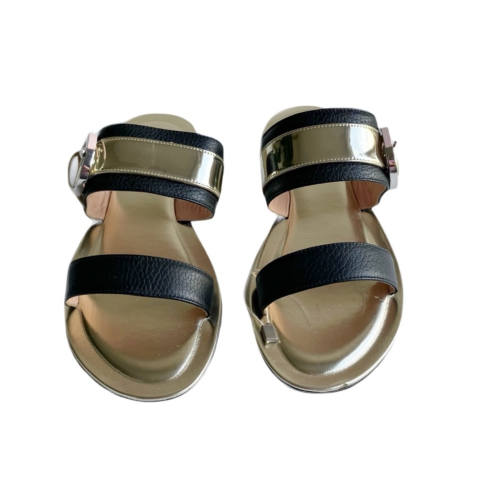 Pollini Leather Strappy Sandals Size 38 Gold Buckle Black Slides Open Toe Resort - Picture 7 of 14
